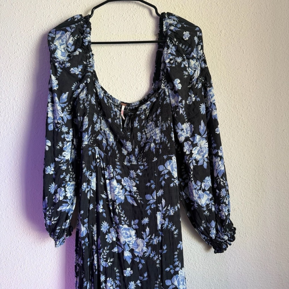 Free People Black Blue Floral Smocked Midi Dress Square Neck Side Slit Small - Picture 11 of 11